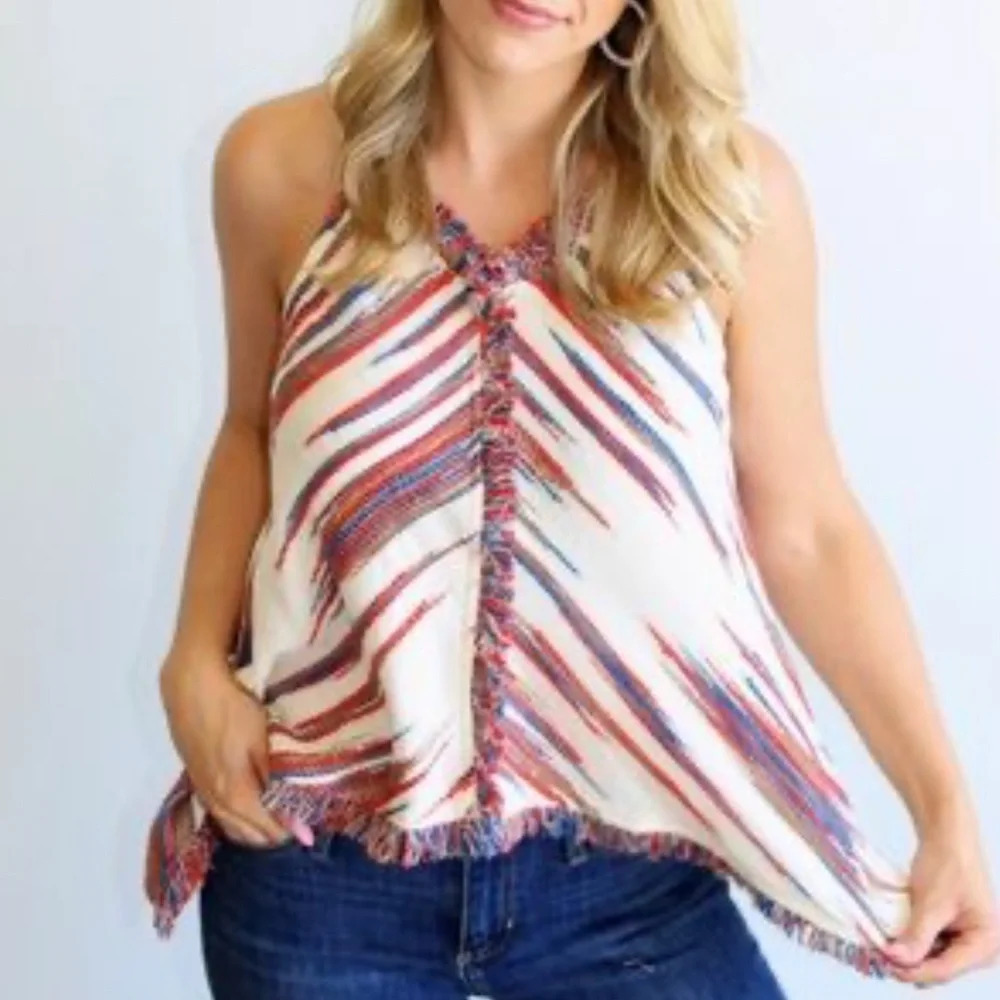 THML Cream Halter Tank with Red & Blue Stripe Detail